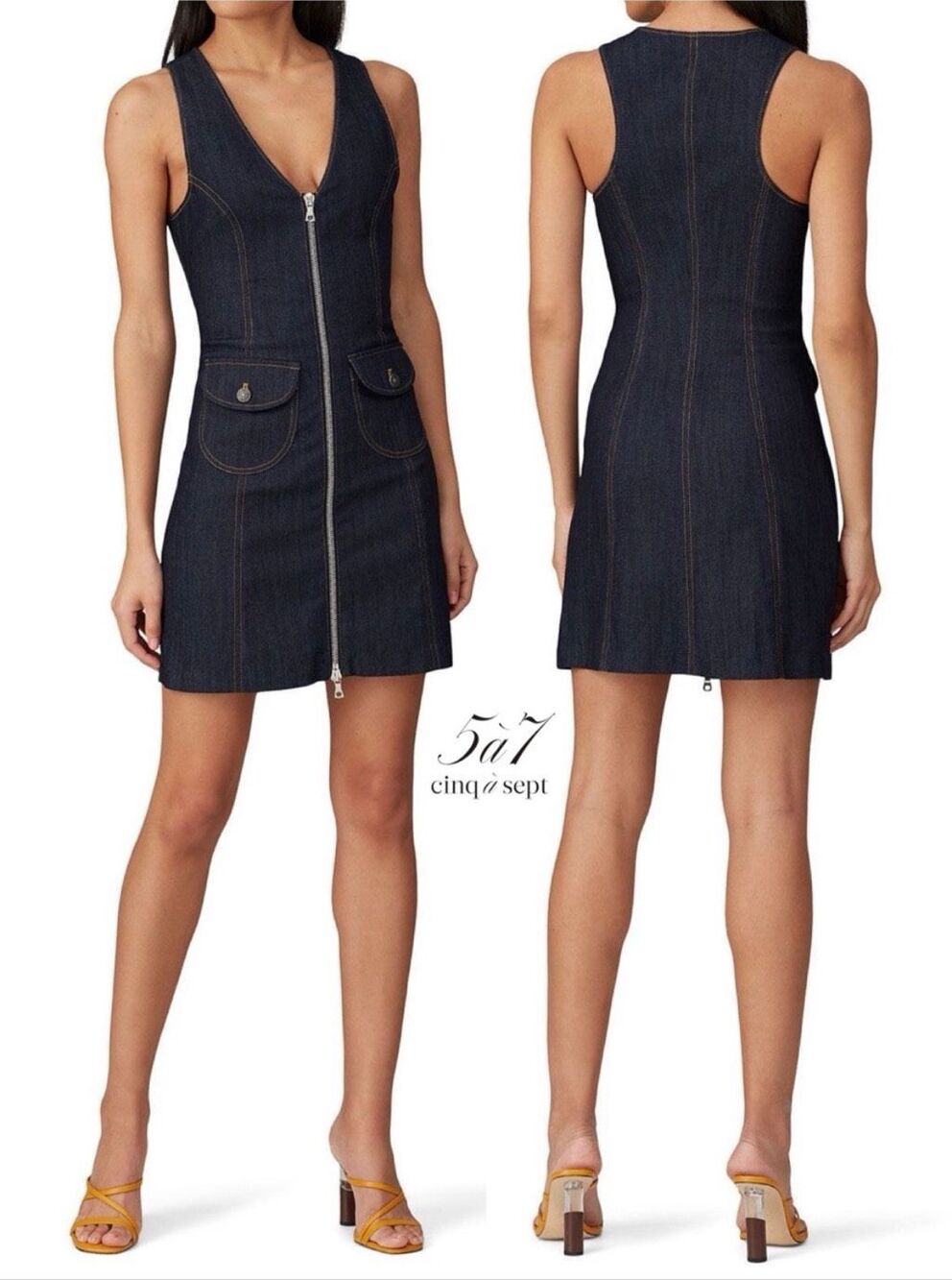 5 à 7 Cinq à Sept Iriena Denim Mini Dress Zip Front Stretch Dark Wash Size 8